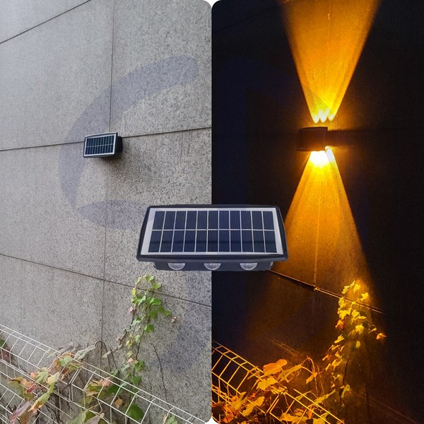  솔까든 위아래 태양광벽등 벽부착형 led태양광정원등 볼록빔 위아래투사 외부 인테리어 방수 솔라벽등, 6LED노란빛 