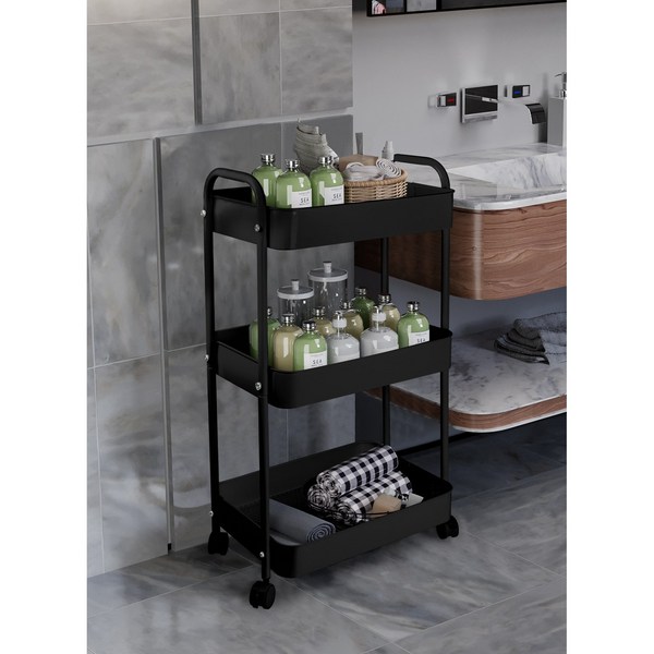 위시썬 철제 다용도 공간정리 수납 트롤리 선반 3단 2컬러, 블랙