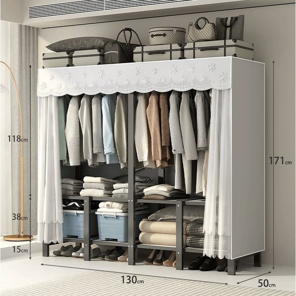 정인스토어 접이식 철제 튼튼한 비키니옷장 드레스룸 커튼 행거, 화이트 130cm +가방걸이증정, 반투명 커튼