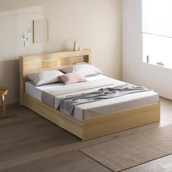  [7000조 달성기념+100%방수커버증정] 파로마 레아 LED조명 수납침대 퀸 Q 본넬매트리스포함 / 퀸프레임 침대세트 수납침대, 오크+방수커버증정 