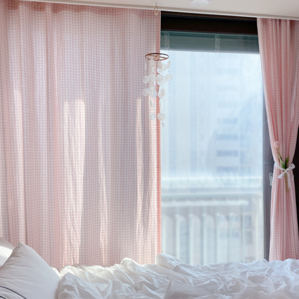  DDASHAN 따스한 멜란 체크 워싱 면 주방 가리개 옐로우 핑크 퍼플 봉집 핀형 체크 커튼 