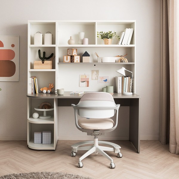  리바트 프레일 1500 전면책상 우형(8색), 그레이상판/화이트책장 