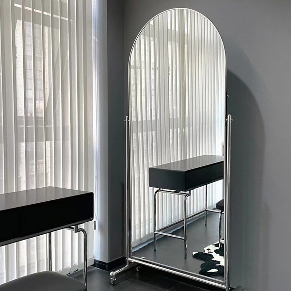 스테인레스 이동식 전신거울 아치형 바퀴 스탠드 전신거울, 블랙  186X80