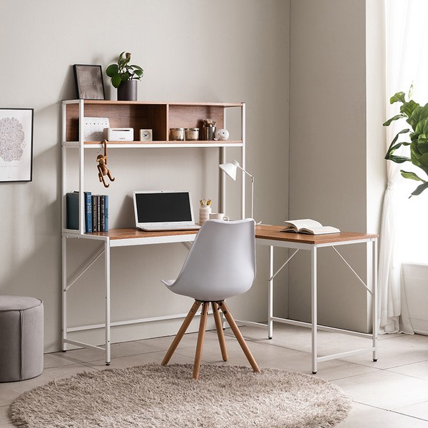  디엔 켈트 ㄱ자 코너형 선반책상 테이블, 화이트+네추럴 