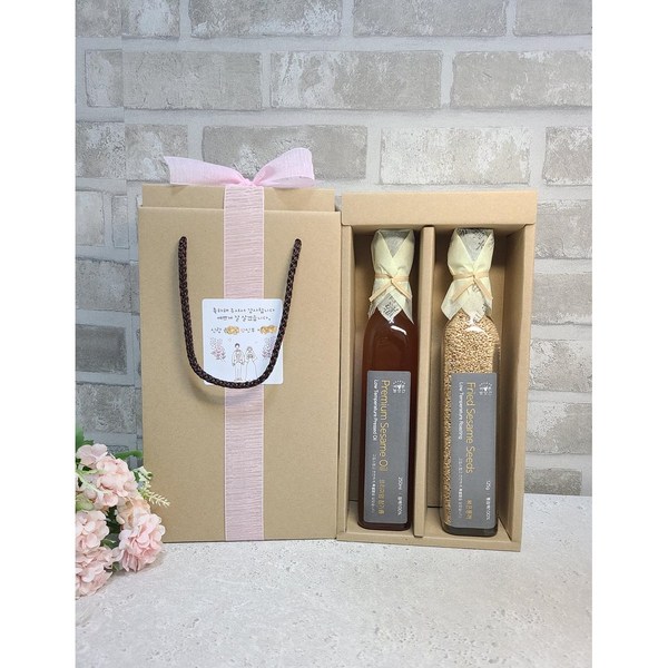 [답례품]참기름+통깨/ 들기름+통깨 250ml 2구 선물세트 결혼 돌 칠순 이사 복직 조문 장례 설 추석 각종모임, 참기름&통깨 250ml 2구