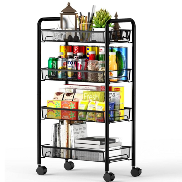 코믈리 이동식 트롤리 철제 선반 카트, 블랙, 4단