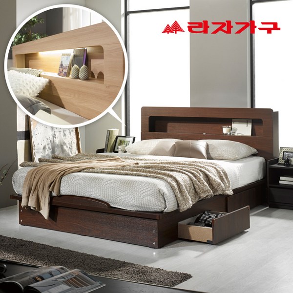 라자가구 크림슨LED 평상형서랍 침대세트 퀸Q(컴포트퓨어 라텍스독립매트), 아이보리