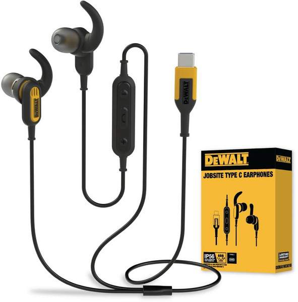 DEWALT Jobsite 아이패드/아이폰 15/16 프로 맥스용 USB C 헤드폰 유선 타입 C 이어폰 USB C 이어 버드 유선 마이크 포함 볼륨 조절 모듈 맥북