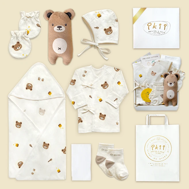 ikii 유아용 오가닉 배냇저고리 긴소매 7종 출산 선물세트 선물포장 + 쇼핑백