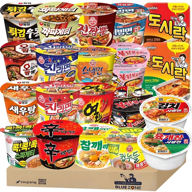 [블루존] 용기라면20종 세트(신라면+새우탕+오짬+튀우+짜파게티+육사발+김사발)+(진매+진순+참깨+스낵+콕콕스파+진짬+열+빅컵누들매콤)+(불닭+까르보+팔도비빔+도시락+김도), 1개