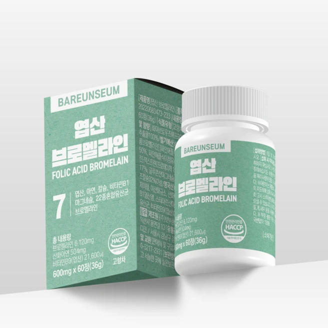 바른세움 엽산 브로멜라인 600mg, 3개, 60정