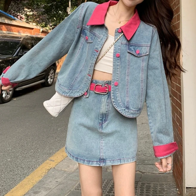 큐티유 여성 배색 데님자켓+스커트+벨트 세트