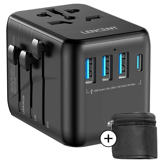 LENCENT 4포트 해외 여행용 멀티 플러그 어댑터 유럽 미국 일본 호주 변환 돼지코 어댑터 블랙 PA048B-C3U, 상세페이지 참조, 1개