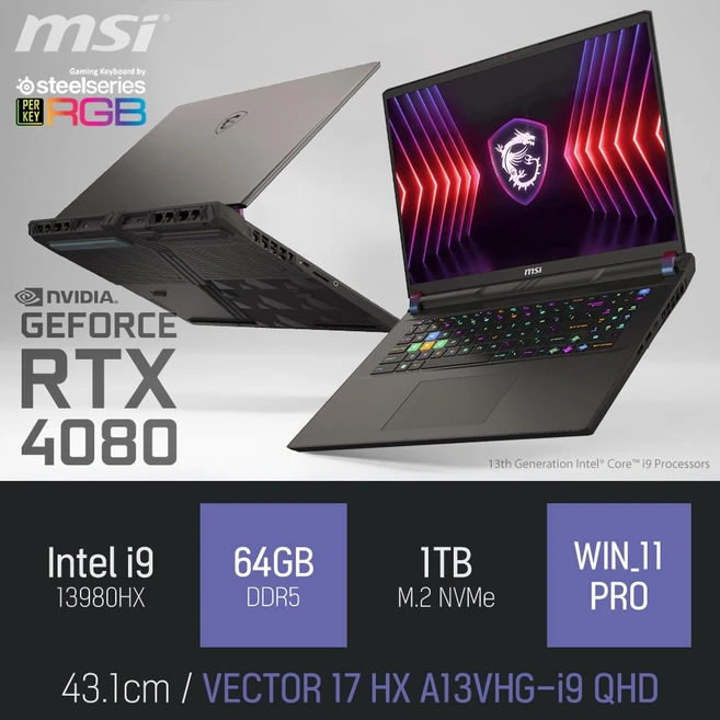 MSI 벡터 17 HX A13VHG-i9 QHD, WIN11 Pro, 64GB, 1TB, 그레이