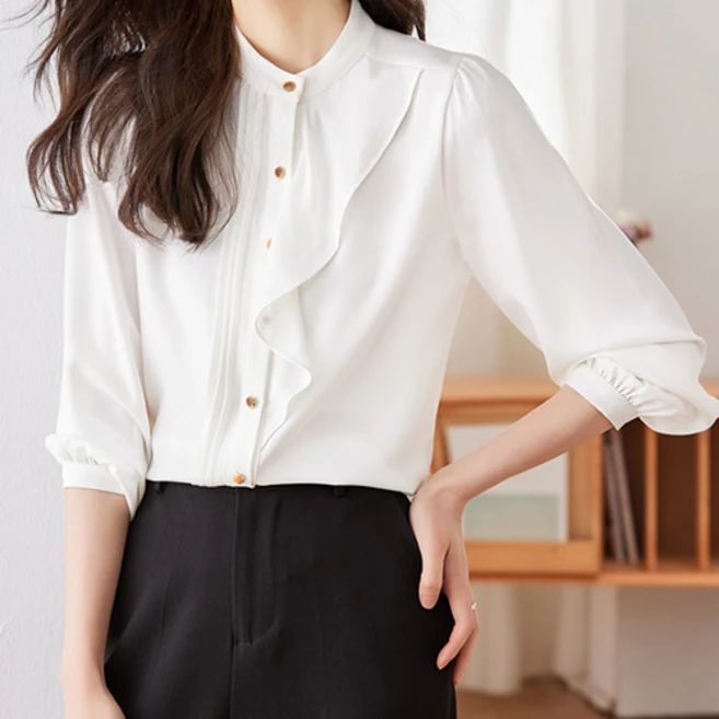 GLACIER 빅사이즈 프릴 스탠딩 칼라 여자 블라우스