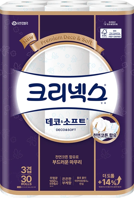 크리넥스 데코앤소프트 천연펄프 3겹 고급롤화장지, 27m, 30개입, 1개