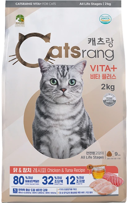 캐츠랑 전연령 고양이 비타플러스 건식사료, 닭+참치, 2kg, 1개