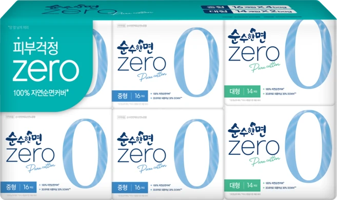 순수한면 제로 순면 뉴 생리대 날개형 중형 16p x 4팩 + 대형 14p x 2팩, 92개입, 1세트