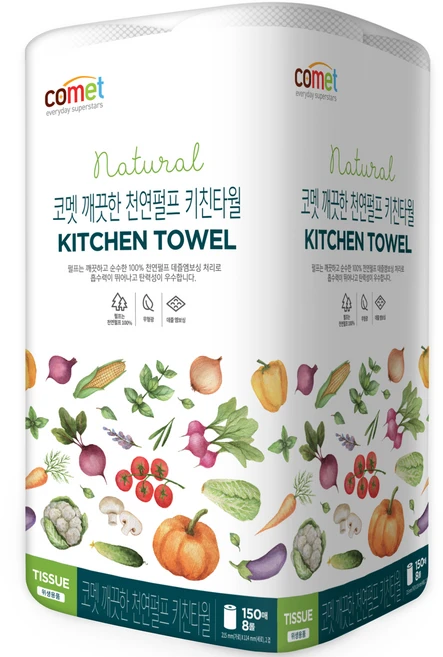 코멧 깨끗한 천연펄프 키친타월, 150매, 8개