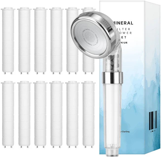 해피달링 미네랄 4단 필터 샤워기 헤드 + 필터 12p 세트, 1개, 화이트