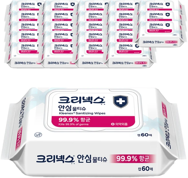 크리넥스 안심 물티슈 캡형, 60매, 24개