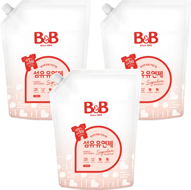 비앤비 유아 비자극 섬유유연제 자스민앤로즈향 리필형, 1.5L, 3개
