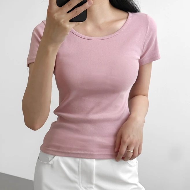 코코블린 여성용 통기성 데일리 코튼 무지 슬림핏 라운드 반팔 티셔츠