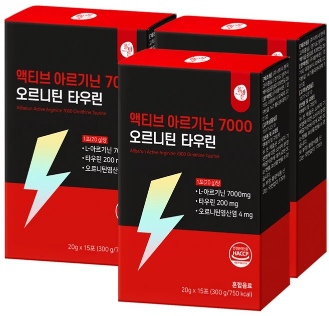 올바른 액티브 아르기닌 7000 오르니틴 타우린, 300g, 3개