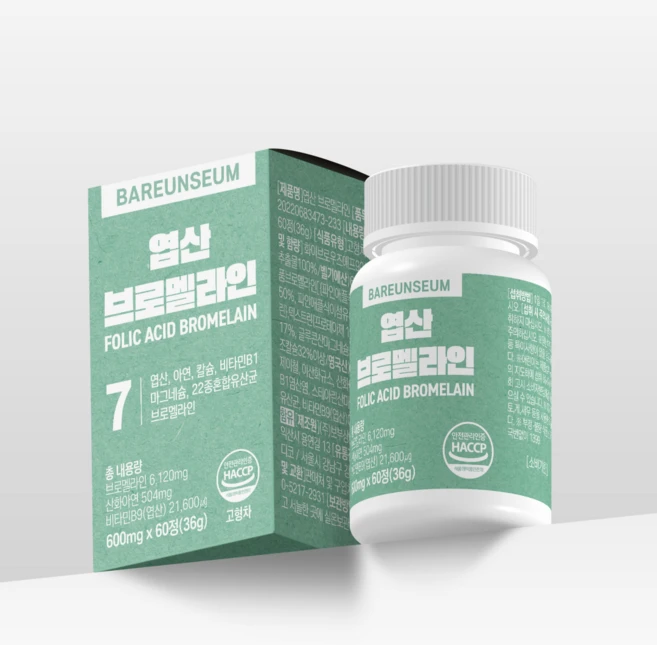 바른세움 엽산 브로멜라인 600mg, 3개, 60정