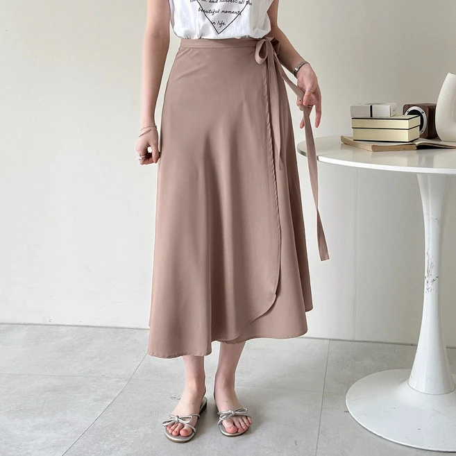 데일리앤 봄 여름 무지 롱 에스닉 페이즐 플레어 랩스커트 2type