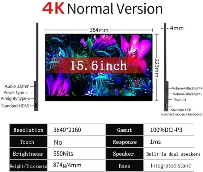 스마트 OLED 뷰어 포터블 휴대용 모니터 4K 터치 스크린, EU 플러그, 15.6 OLED 4K