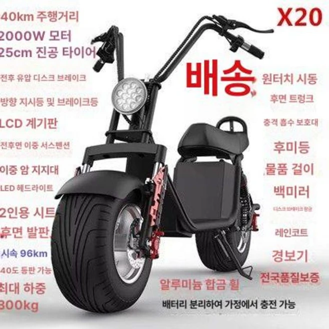 전기 스쿠터 자토바이 전동 60V 바이크 출퇴근 광폭 80km 오토바이, X20 모델-30km-2000W-배터리 분리형