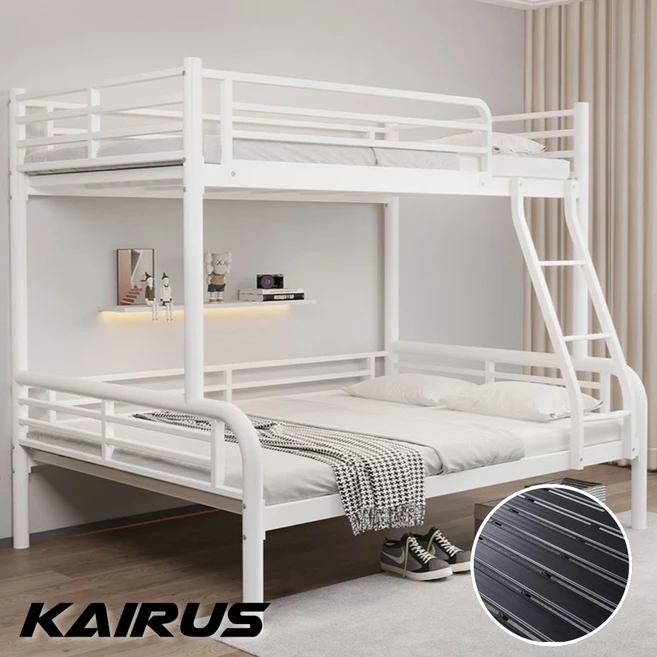 카이루스 튼튼한 스틸 베이스 철제 2층 침대 이층 성인 기숙사 원룸 KS-2508, 화이트 + 트리플 가드
