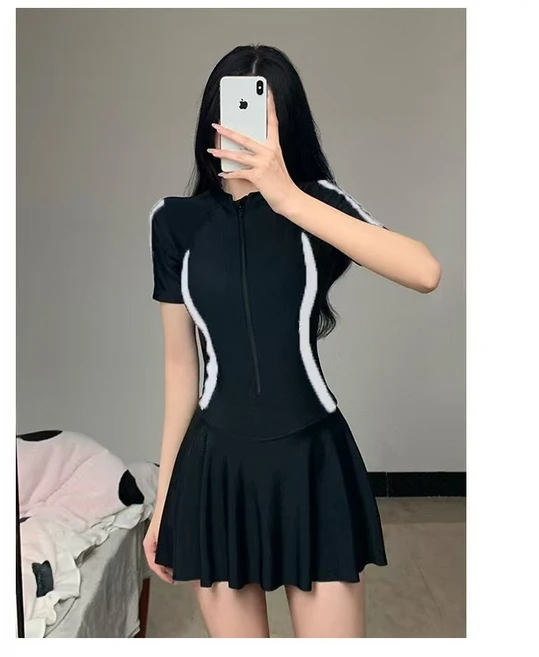 와이엔디샵 체형 커버 여성 실내 수영복 원피스 스커트, 블랙