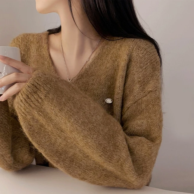 펜던트 울 브이넥 밴딩 크롭 니트 펜던트니트 울니트 간절기니트 - 8color