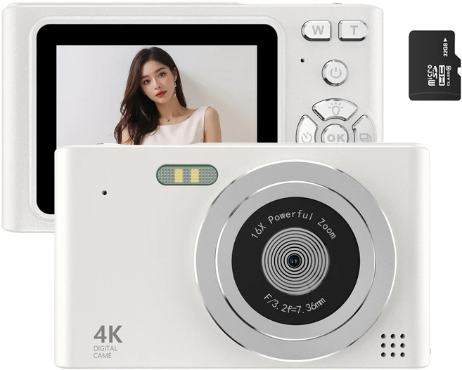 RUNHome 4800w 레트로 미니 디지털 카메라 여행용 인생+64G메모리카드, 화이트