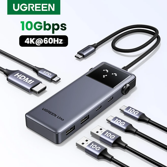 UGREEN 유그린 Uno 6 in 1 C타입 멀티 허브 10Gbps 데이터 전송 포트 4K@60Hz HDMI 지원 스마트 이모티콘 상태 표시, 1개, Grey