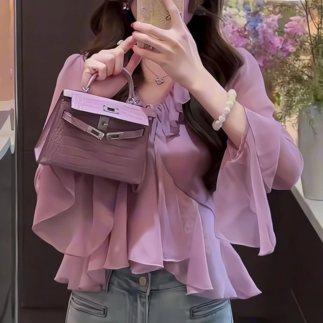 여성 여름 블라우스 쉬폰 블라우스 긴소매 프릴 장식 리본 우아한 트렌디 패션 상의 YLP