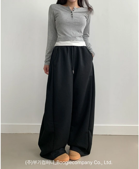 부기샵 군살커버 퍼트 사이드 폴링 핀턱 와이드 트레이닝 롱팬츠(숏기장)