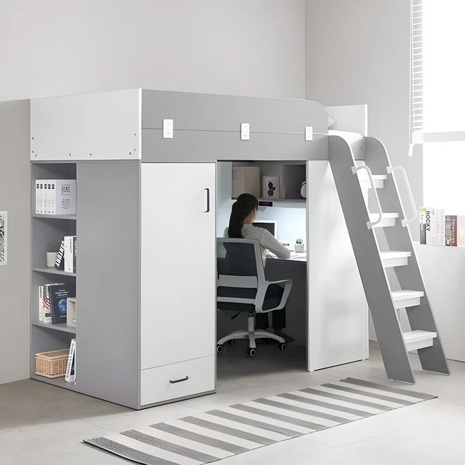 e스마트 하우스 2층 성인 책상 수납 벙커침대 풀세트 SS, (풀세트) 그레이
