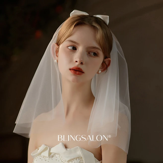 블링살롱 웨딩 퓨어 새틴 롱 리본 고급 면사포 웨딩베일 집게핀 셀프웨딩촬영 브라이덜샤워 소품
