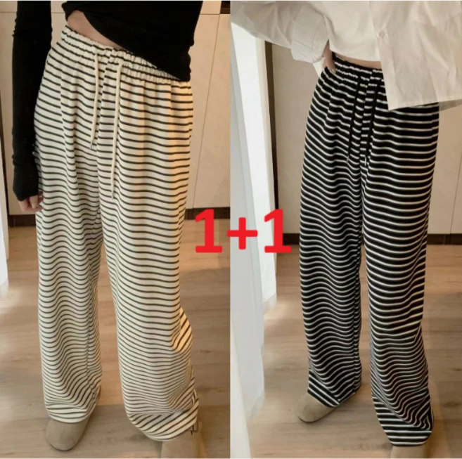 [럭키하우스] 1+1 너무나 편한 골지 스트라이프 와이드 여성팬츠