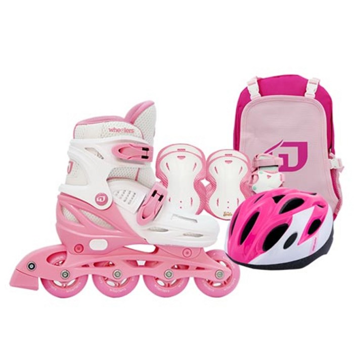 휠러스 아동용 에이스2 인라인스케이트 + 가방 + 보호대 + 헬멧 콤보 세트, 핑크