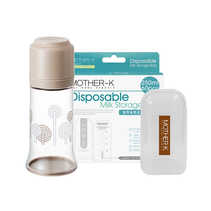 마더케이 노꼭지 젖병 250ml + 일회용 변온 젖병 비닐 60p + 젖꼭지 보관 케이스, 베이지, 1세트 대표 이미지 - 일회용 그릇 추천