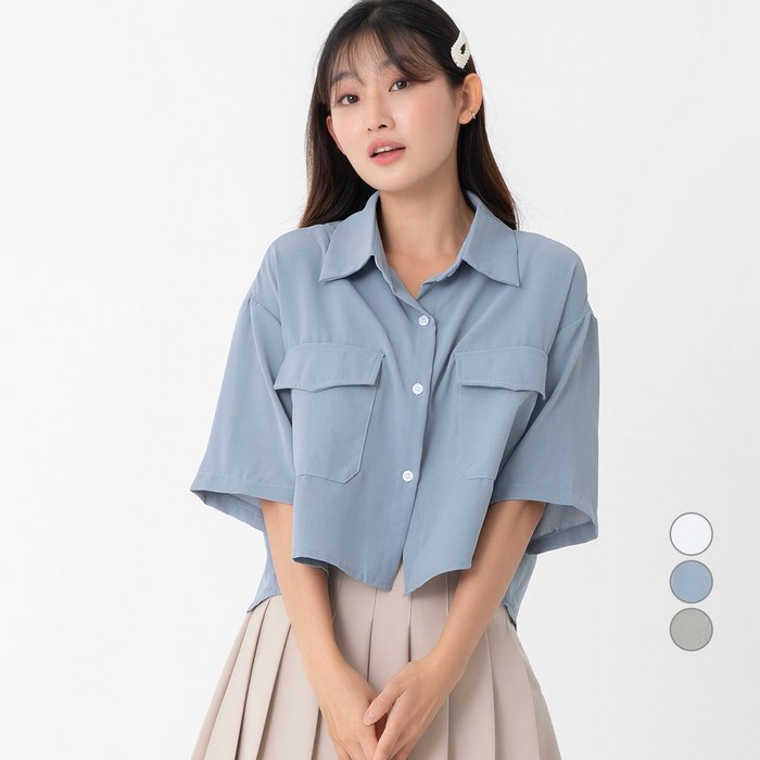 ELLE GIRL 베이직 크롭 반팔 셔츠 대표 이미지 - 오픈카라 셔츠 추천