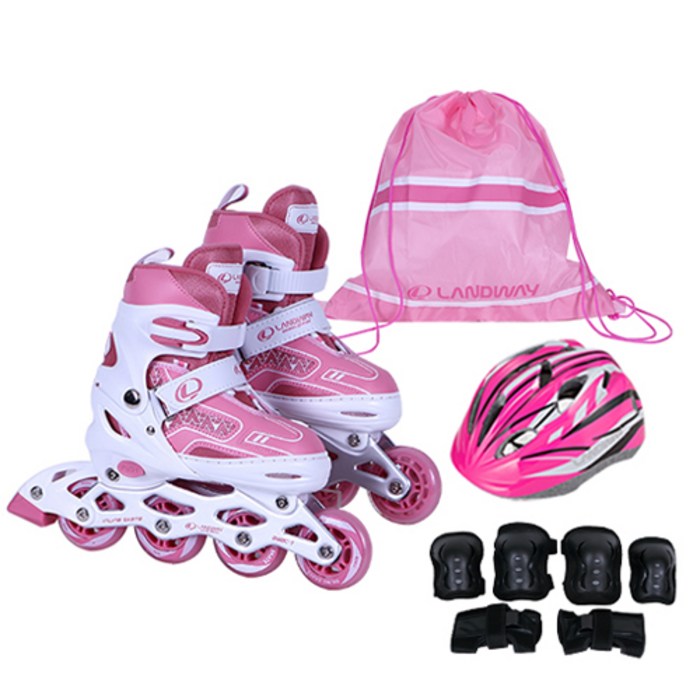 랜드웨이 스피드2 풀세트 인라인 스케이트 + 헬멧 + 보호대 + 가방, 인디핑크