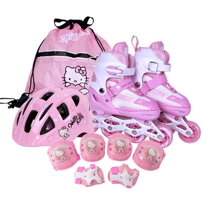 랜드웨이 헬로키티 파스텔 아동용 큐티 인라인스케이트 + 헬멧 + 보호대 + 가방 세트, 핑크