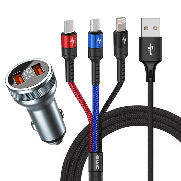 카템 트리플 3in1 멀티 고속충전케이블 65cm + 풀메탈 LED전압표시 시거잭 고속충전기 36W, 혼합색상 대표 이미지 - 멀티 시거잭 추천