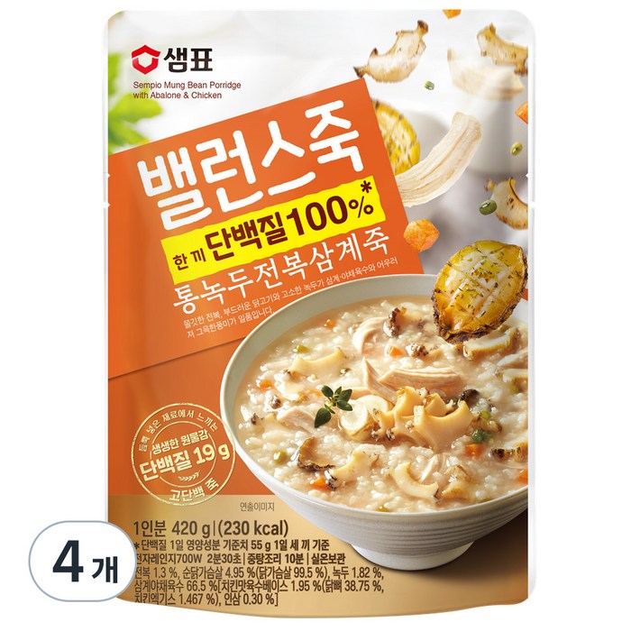 샘표 밸런스죽 통녹두 전복 삼계죽, 420g, 4개 대표 이미지 - 삼계죽 추천