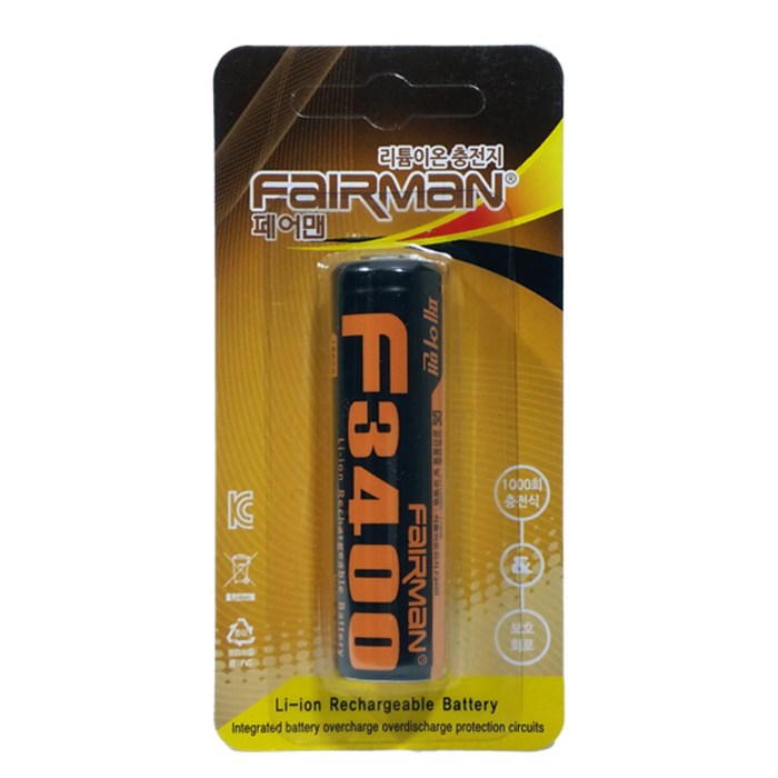 페어맨 리튬이온 F3400 3350mAh 브리스타 포장 스몰캡 좁은단자형 충전지, 1개입, 1개 대표 이미지 - 충전지 추천